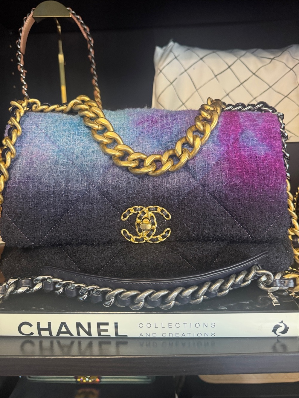 CHANEL 19 unique  Multicolor Gradient Wool Shoulder Bag with Gold & Silver Chain